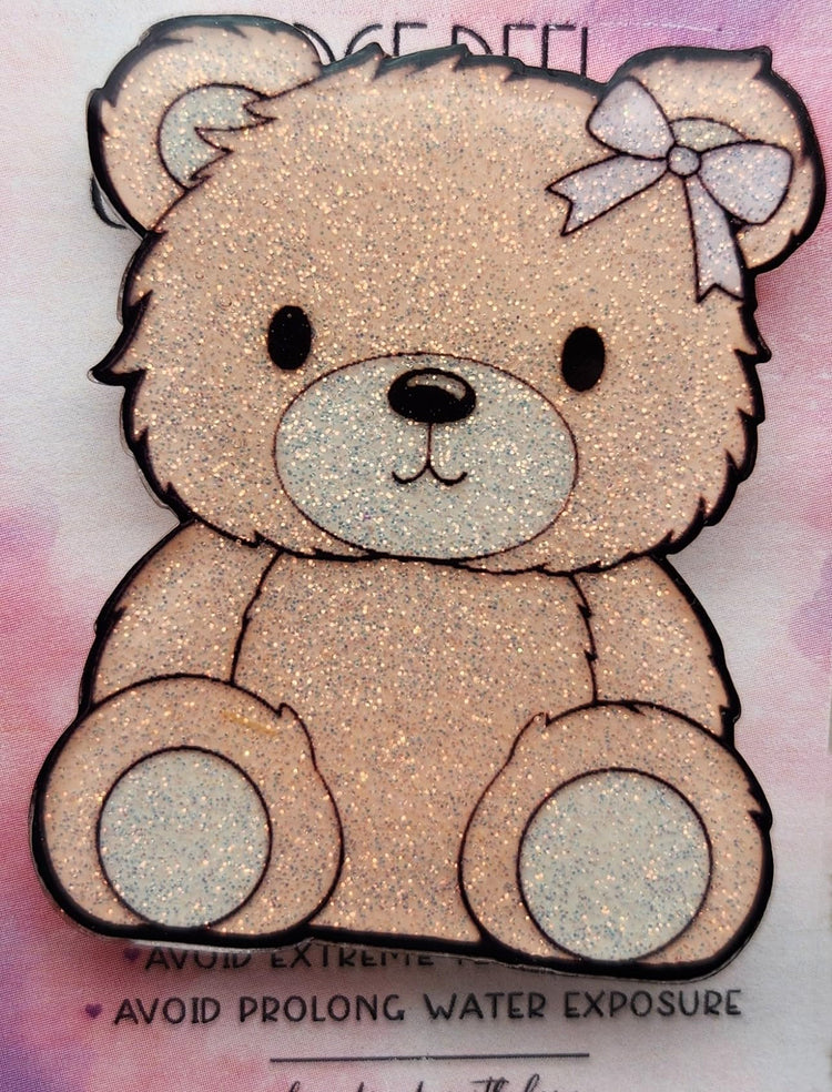 Cute Bear Badge Reel, Glittery Bear with Bow Badge Reel, Cute Acrylic Handmade Badge Reel for Nurse, Student, or Teacher. Interchangeable Topper