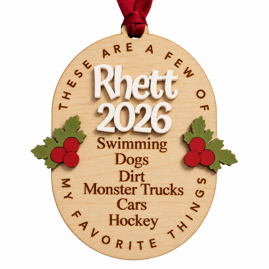 Personalized Favorite Things Christmas Ornament, Custom Name and Year Wooden Keepsake, Handmade in Florida