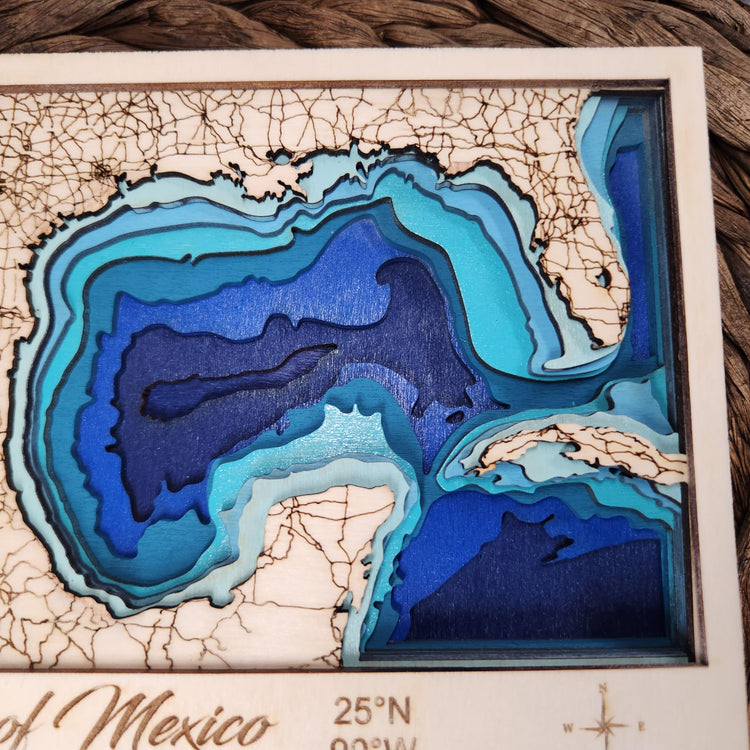 Gulf of Mexico Bathymetric Wood Map, Gulf Coast Layered 3D Nautical Map Depth Chart, Handcrafted Beach House Decor