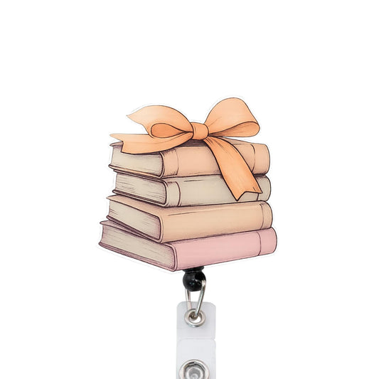 Books with Bow Badge Reel, Interchangeable Badge Reel Topper, Cute Retractable Badge Reel ID Holder for Nurse, Student, RN