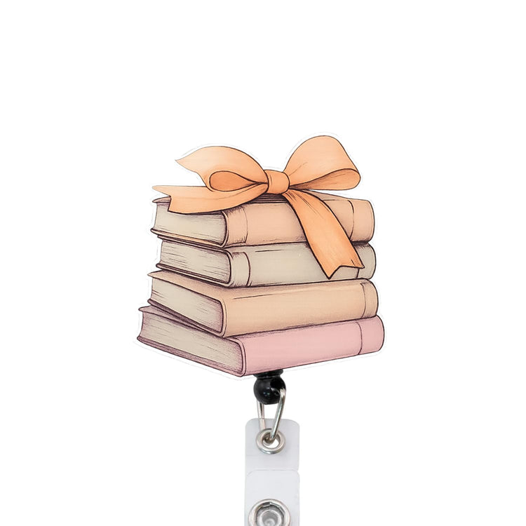 Books with Bow Badge Reel, Interchangeable Badge Reel Topper, Cute Retractable Badge Reel ID Holder for Nurse, Student, RN