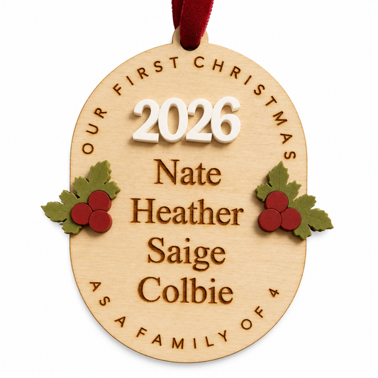 Personalized Our First Christmas Ornament, Custom Names, Family Count, and Year Wooden Keepsake, Handmade in Florida
