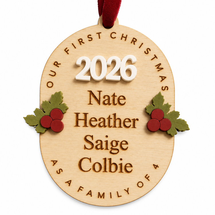 Personalized Our First Christmas Ornament, Custom Names, Family Count, and Year Wooden Keepsake, Handmade in Florida