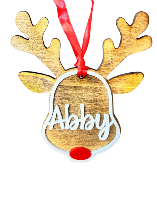 Personalized Reindeer Ornament, Custom Names of Kids and Family, Stained Wood with Acrylic Words