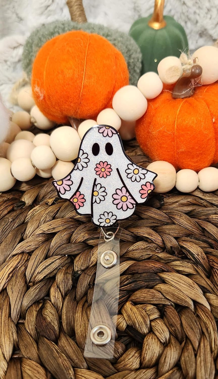 Floral Glittery Ghost Badge Reel, Interchangeable Spooky Badge Reel, Halloween Badge Reel, Cute Fall Retractable Badge Reel