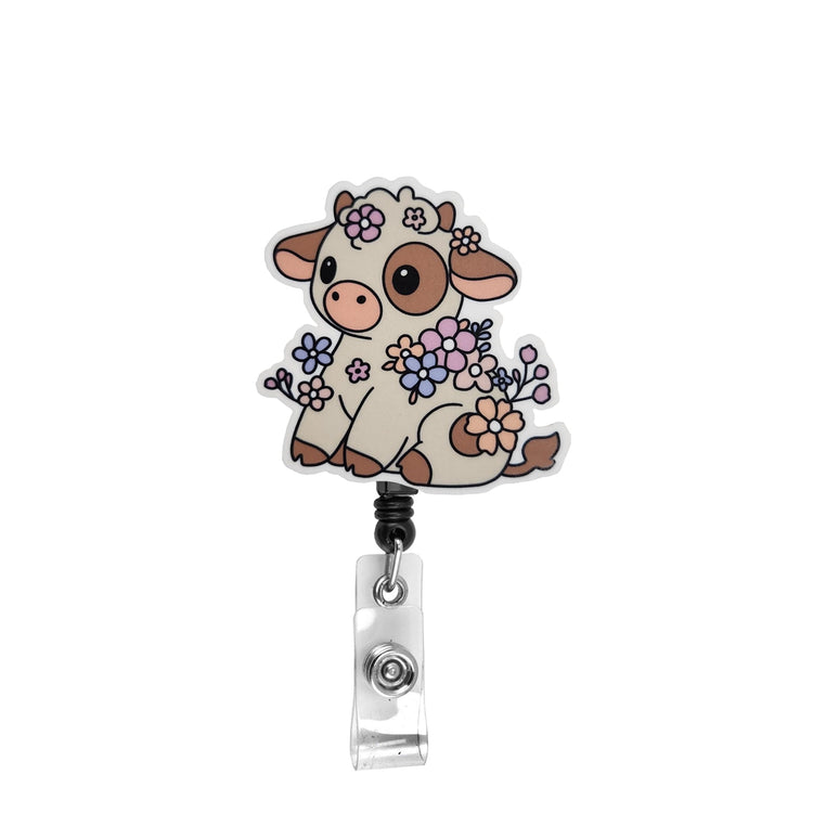 Floral Cow Spring Flowers Badge Reel, Interchangeable Badge Reel Topper, Cute Retractable Badge Reel ID Holder for Nurse, Student, RN