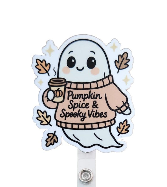 Pumpkin Spice & Spooky Vibes Cute Fall Ghost Badge Reel Topper, Interchangeable Badge Reel Topper, Retractable Badge Reel ID Holder For Nurse, Student, RN