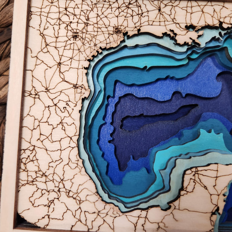 Gulf of Mexico Bathymetric Wood Map, Gulf Coast Layered 3D Nautical Map Depth Chart, Handcrafted Beach House Decor