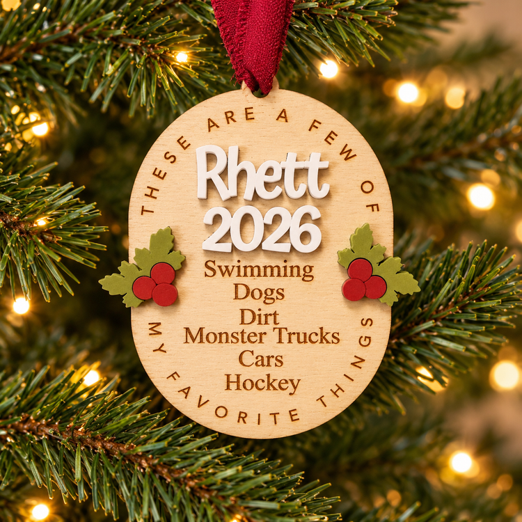 Personalized Favorite Things Christmas Ornament, Custom Name and Year Wooden Keepsake, Handmade in Florida