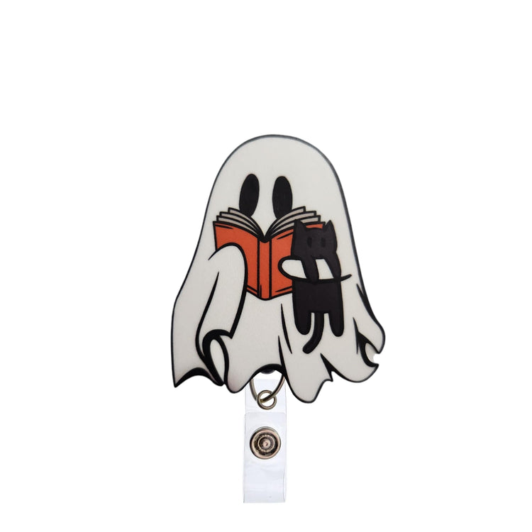 Ghost Holding Cat and Reading Book Halloween Badge Reel, Interchangeable Badge Reel Topper, Cute Retractable Badge Reel ID Holder for Nurse, Student, RN