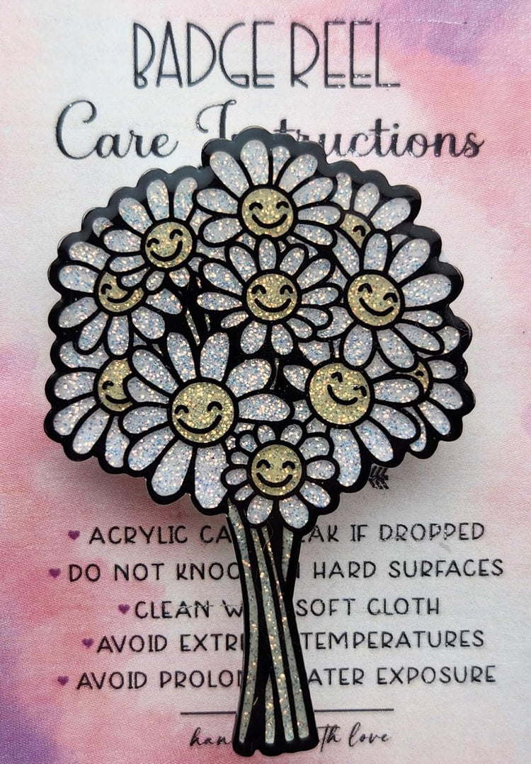 Smiley Floral Tree Badge Reel, Glittery Badge Reel, Interchangeable Badge Reel, Cute Retractable Badge Reel For Students, Teachers, Nurses