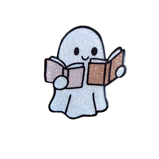 Cute Glittery Ghost Reading Books Badge Reel Topper, Interchangeable Badge Reel Topper, Retractable Badge Reel ID Holder for Nurse, Student, RN