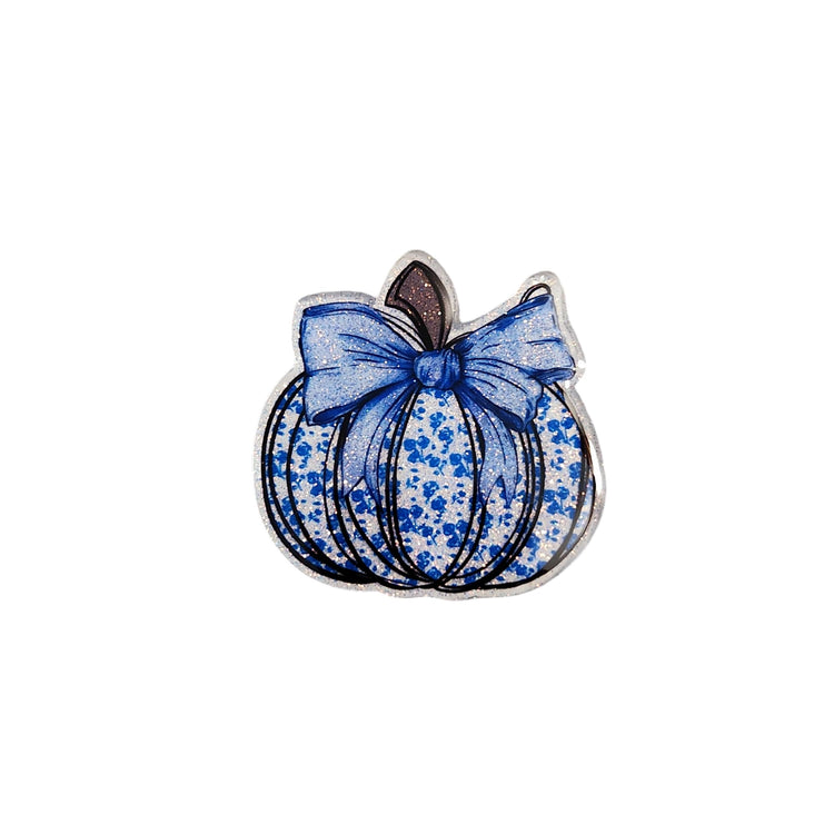 Blue Bow Glittery Pumpkin Fall Badge Reel, Interchangeable Badge Reel Topper, Cute Retractable Badge Reel ID Holder for Nurse, Student, RN