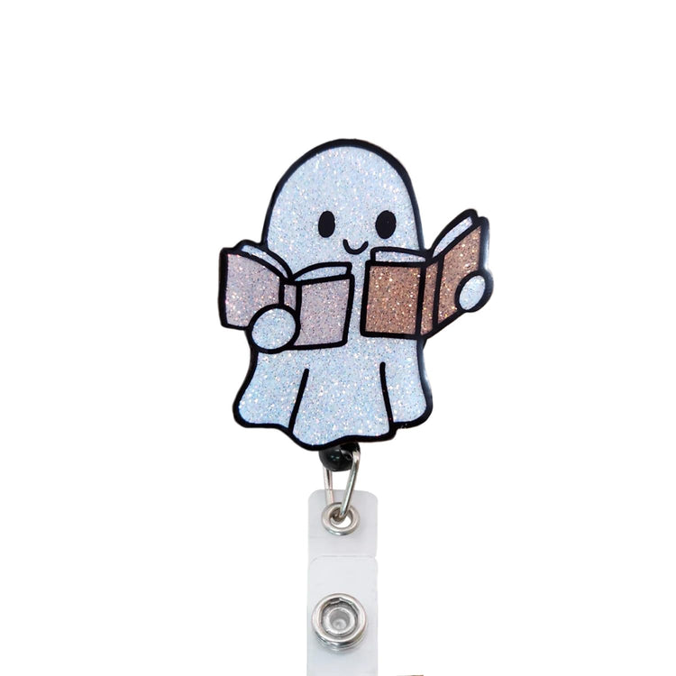 Cute Glittery Ghost Reading Books Badge Reel Topper, Interchangeable Badge Reel Topper, Retractable Badge Reel ID Holder for Nurse, Student, RN