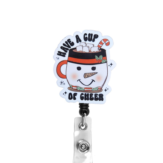 Have A Cup of Cheer Christmas Badge Reel, Interchangeable Badge Reel Topper, Cute Retractable Badge Reel ID Holder for Nurse, Student, RN