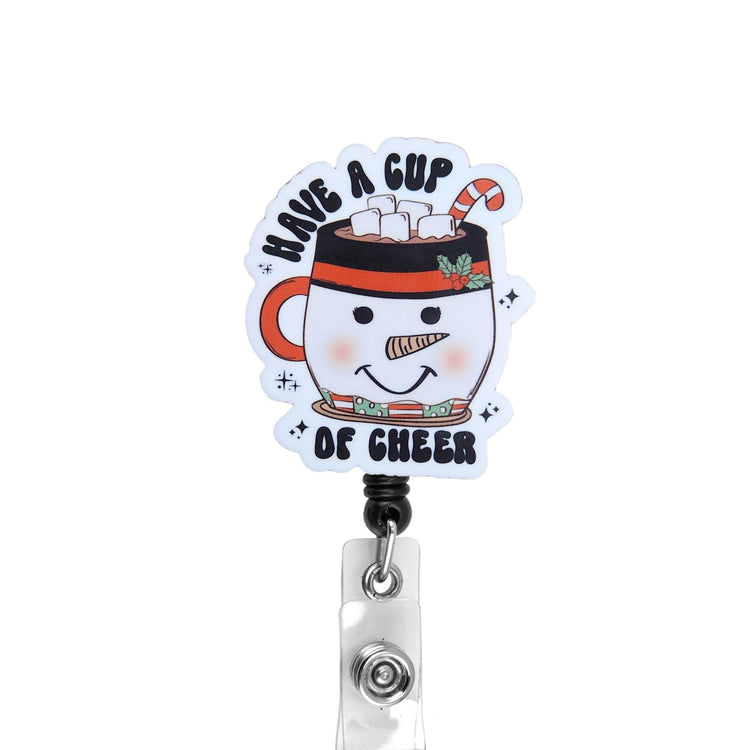 Have A Cup of Cheer Christmas Badge Reel, Interchangeable Badge Reel Topper, Cute Retractable Badge Reel ID Holder for Nurse, Student, RN