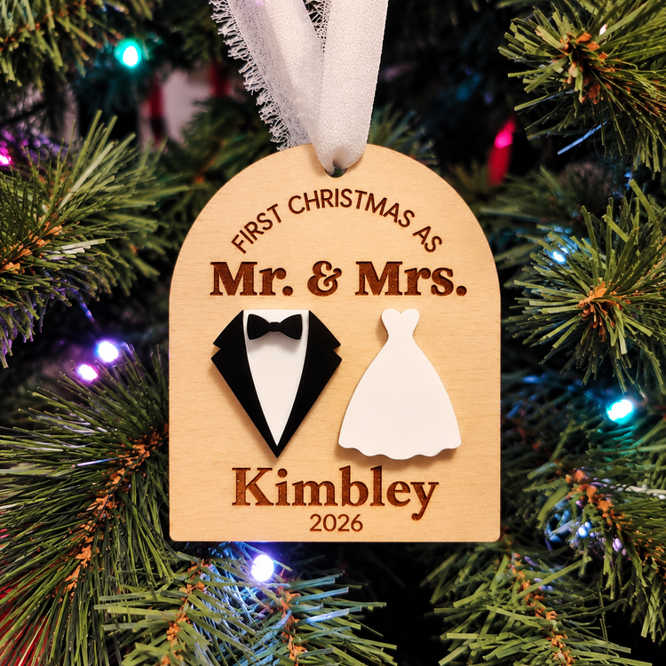 Personalized First Christmas Ornament as Mr. and Mrs., Custom Names and Year Wooden Keepsake, Handmade in Florida (Copy)