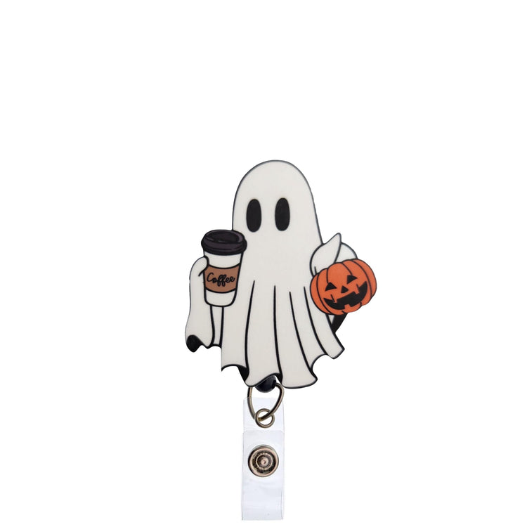Trick Or Treating Ghost with Coffee Halloween Badge Reel, Interchangeable Badge Reel Topper, Cute Retractable Badge Reel ID Holder for Nurse, Student, RN