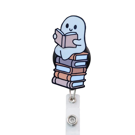 Ghost Reading Book Badge Reel Topper, Interchangeable Badge Reel Topper, Retractable Badge Reel ID Holder for Nurse, Student, RN