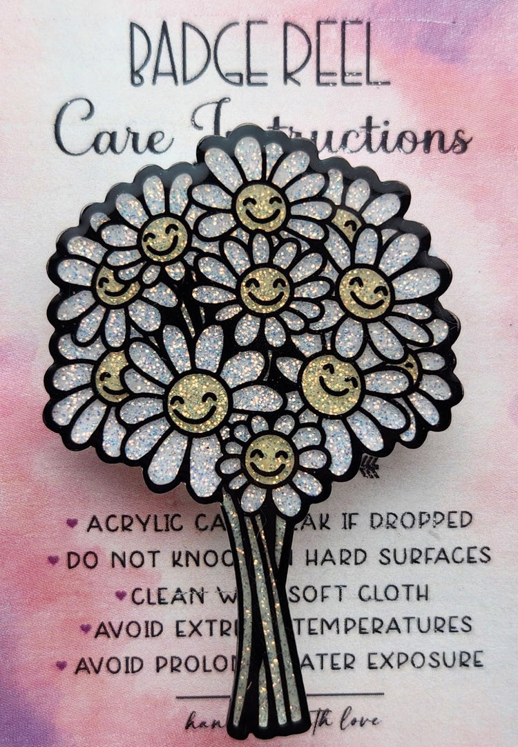 Smiley Floral Tree Badge Reel, Glittery Flower Tree Badge Reel, Cute Acrylic Handmade Badge Reel for Nurse, Student, or Teacher. Interchangeable Topper Badge Reel