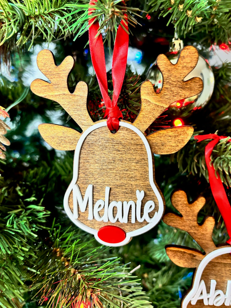 Personalized Reindeer Ornament, Custom Names of Kids and Family, Stained Wood with Acrylic Words