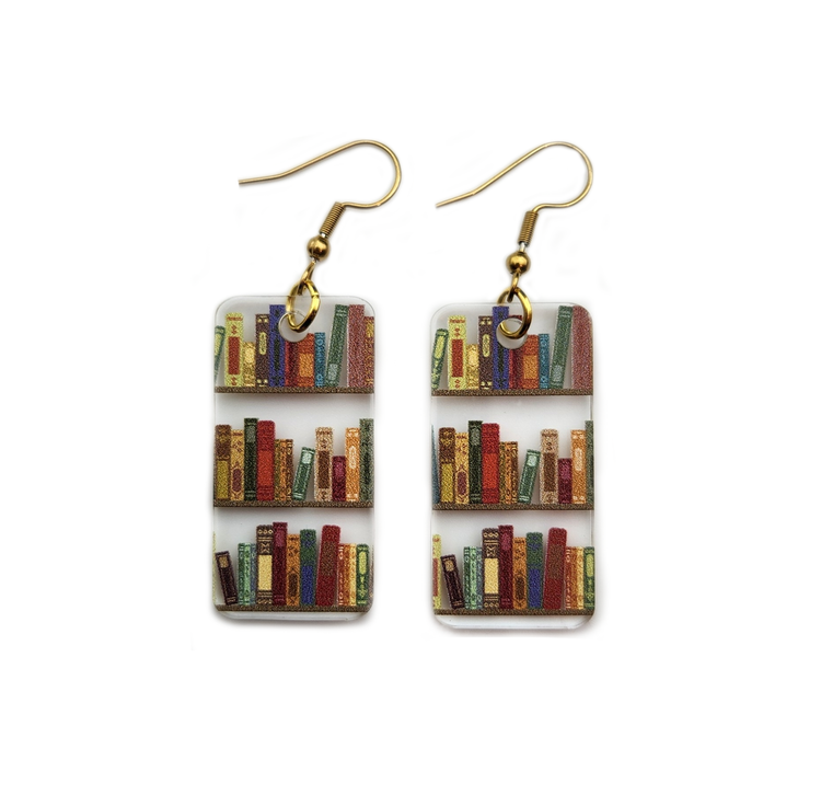 Bookcase Dangle Earrings, Acrylic Bookshelf Pattern Earrings, Book Lover Earrings