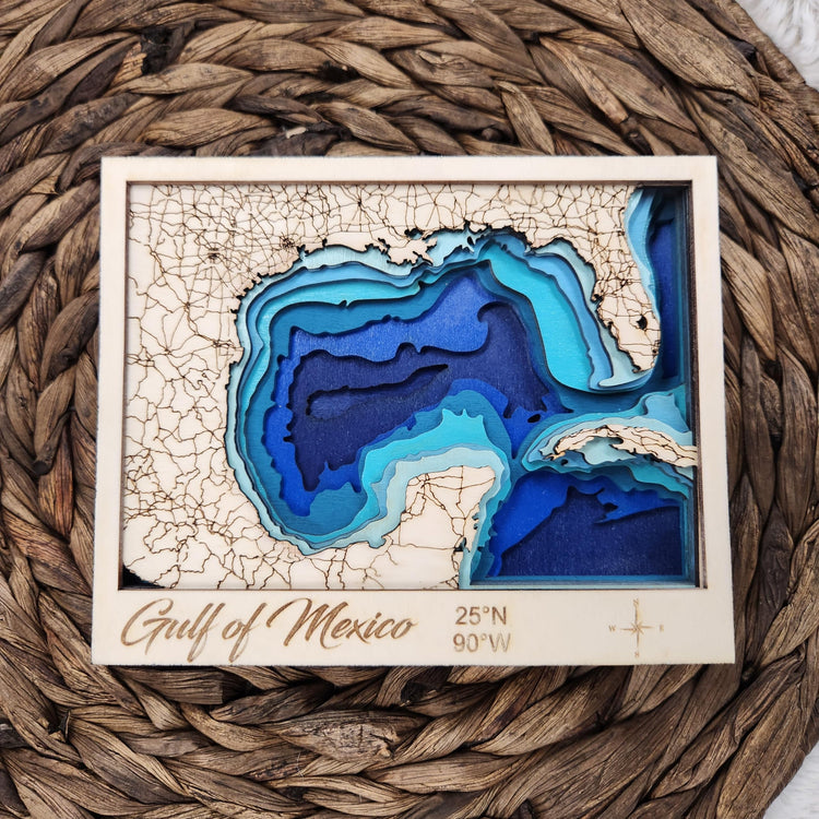Gulf of Mexico Bathymetric Wood Map, Gulf Coast Layered 3D Nautical Map Depth Chart, Handcrafted Beach House Decor