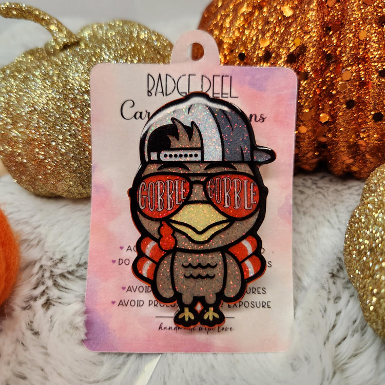 Gobble Gobble Boy Thanksgiving Badge Reel, Glittery Turkey Badge Reel, Interchangeable Badge Reel, Fall Badge Reel, Cute Retractable Badge Reel