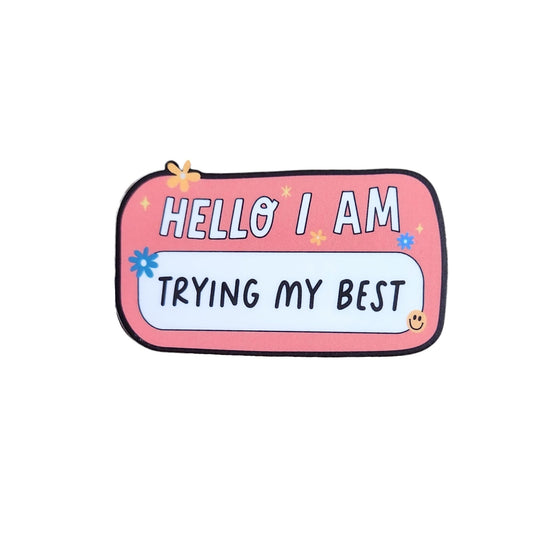 Hello I Am Trying My Best Badge Reel, Interchangeable Badge Reel Topper, Cute Retractable Badge Reel ID Holder for Nurse, Student, RN