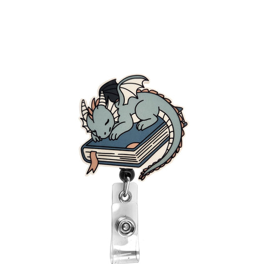 Dragon Sleeping On Book Badge Reel, Interchangeable Badge Reel Topper, Cute Retractable Badge Reel ID Holder for Nurse, Student, RN
