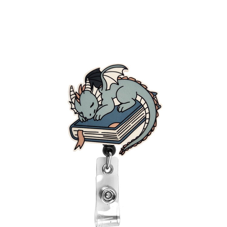 Dragon Sleeping On Book Badge Reel, Interchangeable Badge Reel Topper, Cute Retractable Badge Reel ID Holder for Nurse, Student, RN