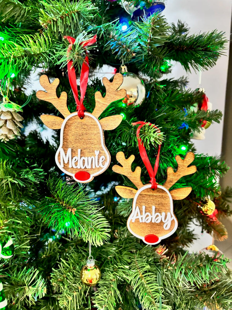 Personalized Reindeer Ornament, Custom Names of Kids and Family, Stained Wood with Acrylic Words