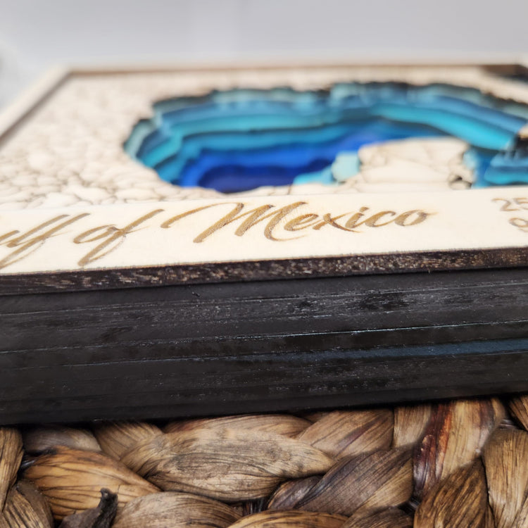 Gulf of Mexico Bathymetric Wood Map, Gulf Coast Layered 3D Nautical Map Depth Chart, Handcrafted Beach House Decor