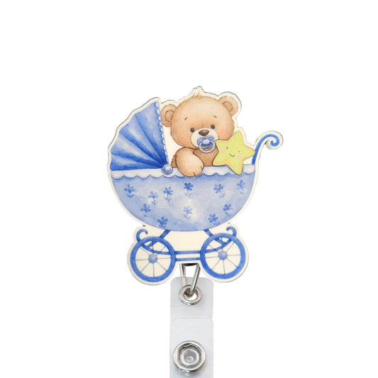Baby Bear Cub in Stroller Badge Reel, Interchangeable Badge Reel Topper, Cute Retractable Badge Reel ID Holder for Nurse, Student, RN