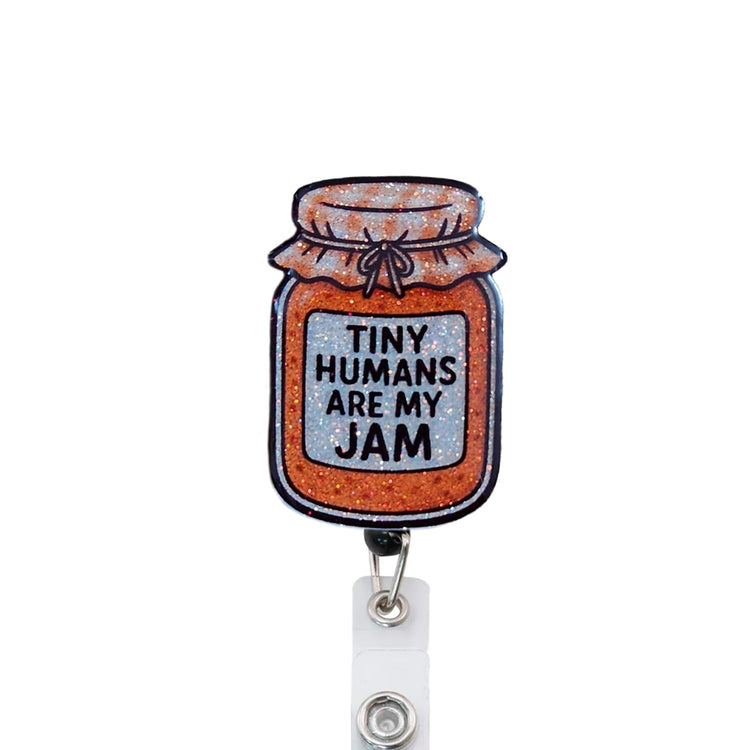 Tiny Humans are My Jam Glittery Badge Reel, Interchangeable Badge Reel Topper, Cute Retractable Badge Reel ID Holder for Nurse, NICU, RN