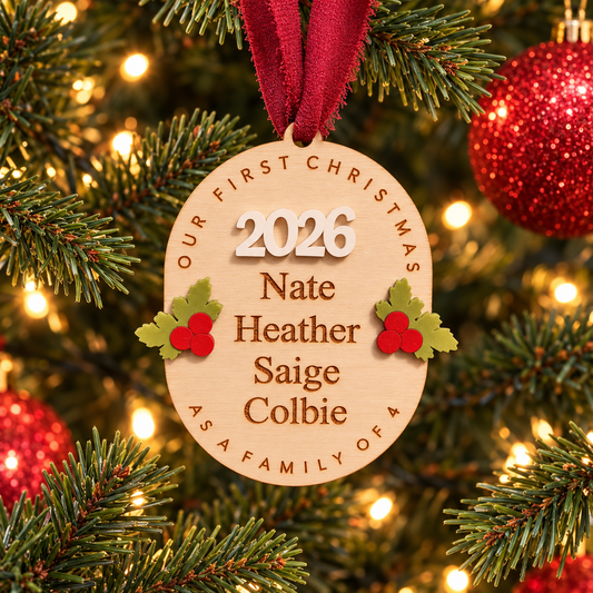 Personalized Our First Christmas Ornament, Custom Names, Family Count, and Year Wooden Keepsake, Handmade in Florida