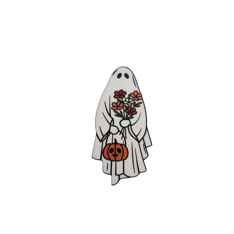 Ghost with Pumpkin and Flowers Halloween Badge Reel, Interchangeable Badge Reel Topper, Cute Retractable Badge Reel ID Holder for Nurse, Student, RN