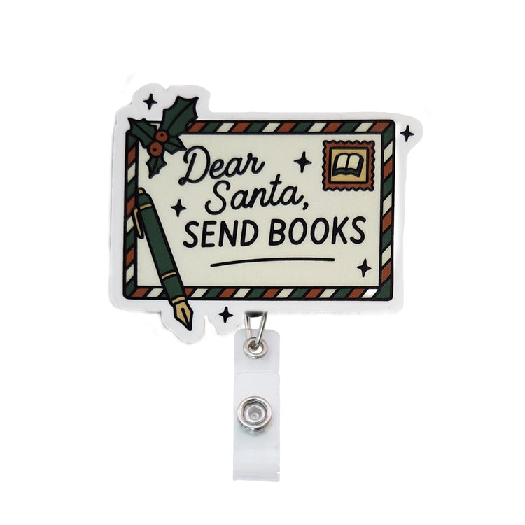 Dear Santa Send Books Christmas Badge Reel Topper, Interchangeable Badge Reel Topper, Retractable Badge Reel ID Holder For Nurse, Student, RN