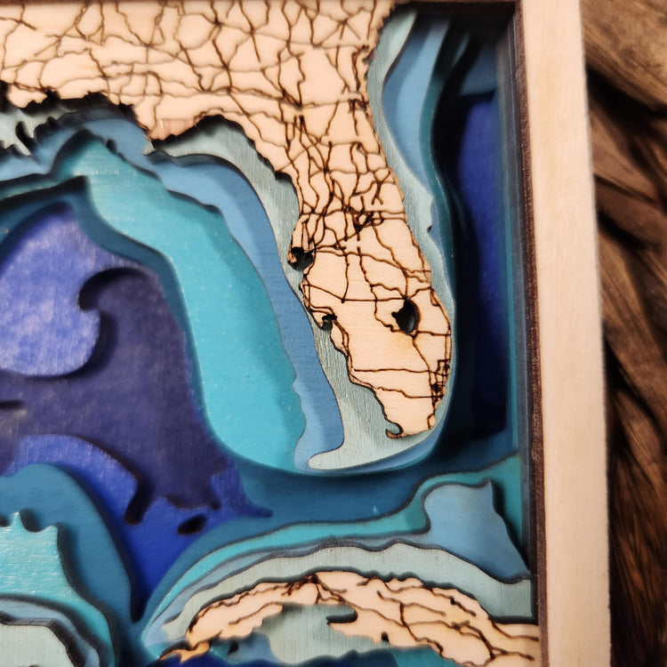Gulf of Mexico Bathymetric Wood Map, Gulf Coast Layered 3D Nautical Map Depth Chart, Handcrafted Beach House Decor