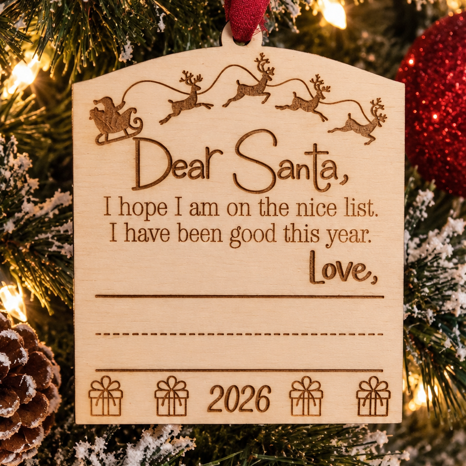 A personalized wooden Christmas ornament hanging from a red ribbon on a decorated Christmas tree with lights, snow-dusted branches, and pinecones. The ornament reads, 'Dear Santa, I hope I am on the nice list.