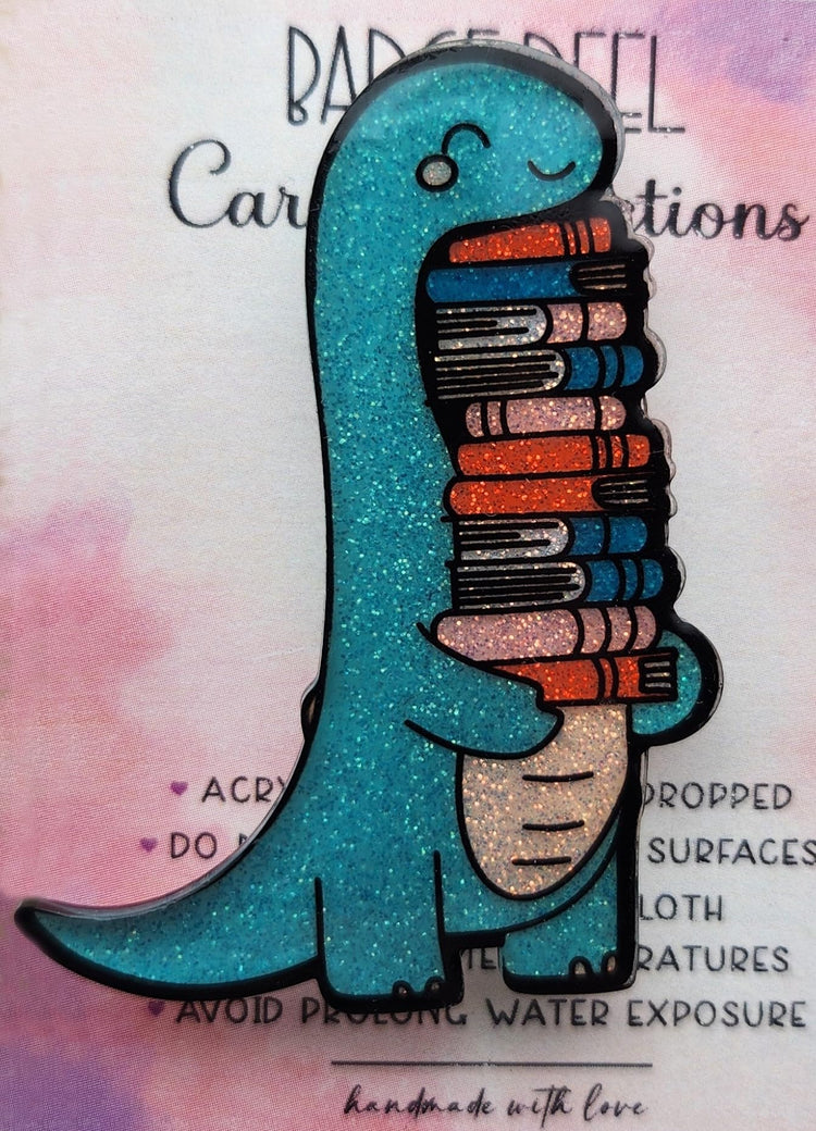 Bookworm Dinosaur Badge Reel, Glittery Book Reading Dinosaur Badge Reel, Cute Acrylic Handmade Badge Reel for Nurse, Student, or Teacher. Interchangeable Topper