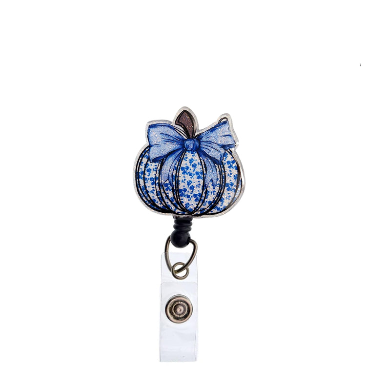 Blue Bow Glittery Pumpkin Fall Badge Reel, Interchangeable Badge Reel Topper, Cute Retractable Badge Reel ID Holder for Nurse, Student, RN