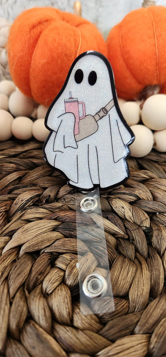 Ghost Badge Reel, Glittery Ghost Badge Reel, Interchangeable Acrylic Spooky Badge Reel, Halloween Badge Reel, Cute Fall Retractable Badge Reel